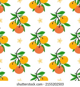 Cute Cartoon-Stil Orangenbaum Zweig mit frischen orangefarbenen Früchten, Blumen und Blättern Vektor nahtlose Muster Hintergrund.

