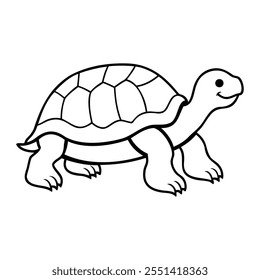 Cute cartoon style outline illustration of a smiling tortoise with a detailed shell