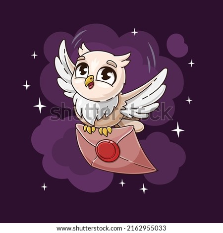 Cute cartoon style owl postman flying in the night sky with a letter