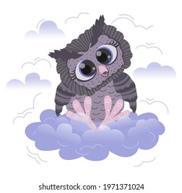 Cute cartoon style owl sits on a cloud. Drawing isolated on a white background. Stock vector illustration.