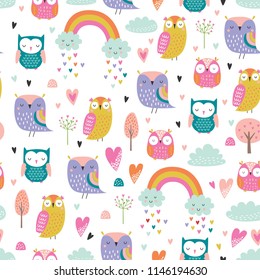 Cute cartoon style owls vector pattern