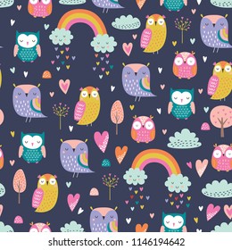 Cute cartoon style owls vector pattern