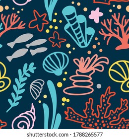 Cute cartoon style pattern with different stylized corals and shells. Blue background. Marine repeat element for textile and fabric print, children cloth and room wallpaper. Wrapping paper and seamles