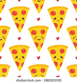 Cute Cartoon Style Pepperoni Pizza Slice Characters And Hearts Vector Seamless Pattern Background.