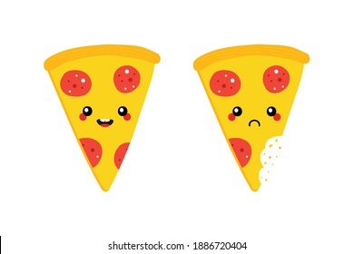 Cute caricatura estilo pepperoni pizzería a personajes, feliz sonriente y triste con marca de mordedura.