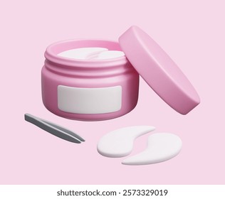 Cute cartoon style pink 3D eye patches cream bottle. Skincare anti aging facial treatment hydrogel eye patches cosmetic product packaging design 3D vector illustration. Korean makeup cosmetology.