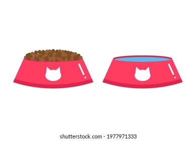 Cute cartoon style pink bowls with cat food and water vector icons, illustration.
