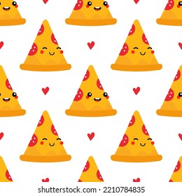 Cute cartoon style pizza slice characters and red hearts vector seamless pattern background for food, fast food design.
