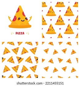 Carácter y juego de pizzas tipo caricatura, colección de tres antecedentes de pizzas vectoriales sin costura. 
