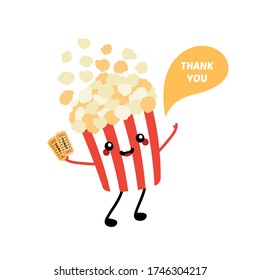 Cute cartoon style popcorn bucket smiling character with two cinema tickets, saying thank you, showing appreciation.
