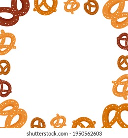 Cute cartoon style pretzel, knot-shaped baked pastry vector square frame, border for food, snack design.
