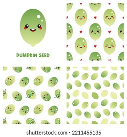 Cute Cartoon Style Pumpkin Seed Character And Set, Collection Of Three Pumpkin Seeds Vector Seamless Pattern Backgrounds. 
