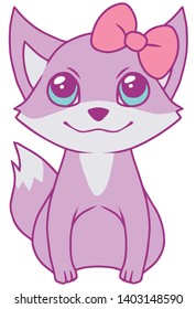 Cute cartoon style purple fox girl with pink ribbon and blue eyes vector art drawing 
