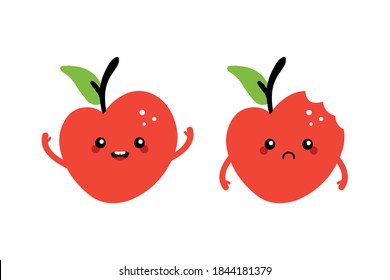Personajes de manzanas rojas estilo caricatura, alegres y tristes, para el diseño de comida.
