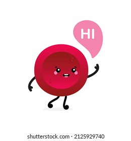 Cute Cartoon Style Red Blood Cell, Erythrocyte Character With Speech Bubble Saying Hi, Hello.
