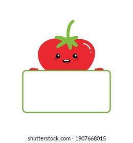 Cute cartoon style red tomato character holding blank, empty banner in hands. Vector icon, illustration.