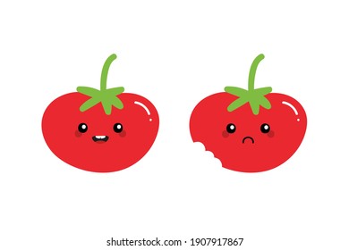 Cute cartoon style red tomato characters, happy smiling and sad with bite mark.