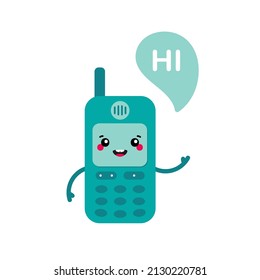 Cute cartoon style retro mobile phone character with speech bubble saying hi, hello.