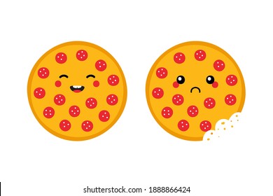 Cute cartoon style round pepperoni pizza characters, happy smiling and sad with bite mark.