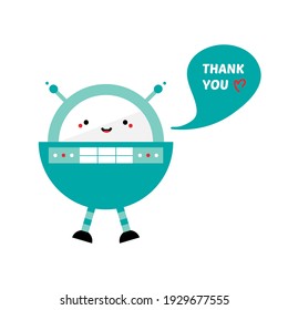 Cute cartoon style rounded spaceman robot character, toy saying thank you, showing appreciation. Vector icon, illustration.