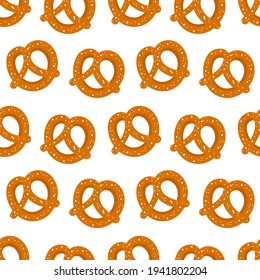 Cute cartoon style salty pretzel, knot-shaped baked pastry vector seamless pattern background.