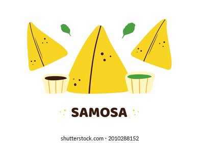 Cute cartoon style samosa, indian baked savory pastry with sauces and greenery vector illustration.