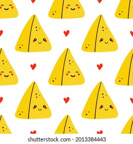 Cute cartoon style samosa, indian baked savory pastry and red hearts vector seamless pattern background.