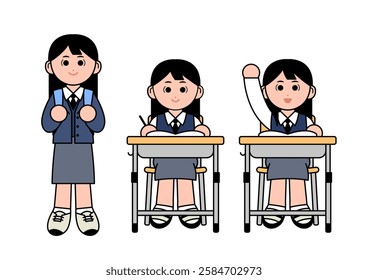 Cute cartoon style school girl student in school uniform. Isolated studying girl illustrations on white background.