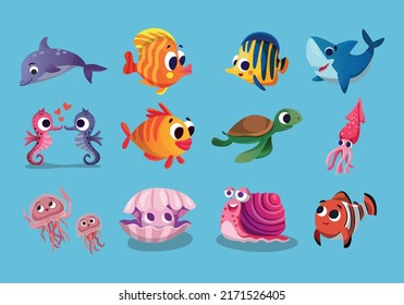 cute cartoon style sea animal illustration set