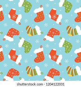 Cute cartoon style seamless pattern background with colorful christmas stocking, sock-shaped bag for winter holidays design.