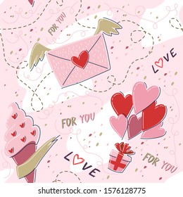 Cute cartoon style seamless vector pattern. Valentine's Day theme background with baloons, hearts, gift, letter, ice-cream. You can use for background or wrapping paper.