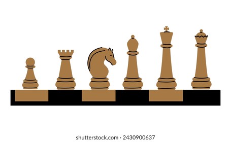 A cute cartoon style set of chess figures on wooden board. Pawn, rook, bishop, knight, queen, king, horse icons.