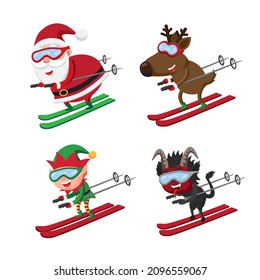 Cute cartoon style set of Christmas characters skiing