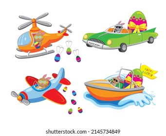Cute cartoon style set of Easter Bunny in different modes of transport