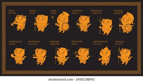 Cute cartoon style set of Greek gods as cats