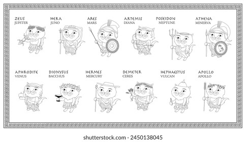 Cute cartoon style set of Greek gods as cats