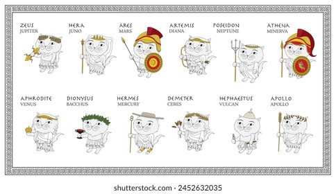 Cute cartoon style set of Greek gods as cats