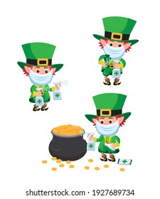 Cute cartoon style set of illustrations of leprechauns wearing face mask