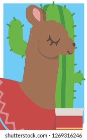 Cute cartoon style simple animal vector graphic illustration drawing of a brown llama with red poncho in front of cactus 