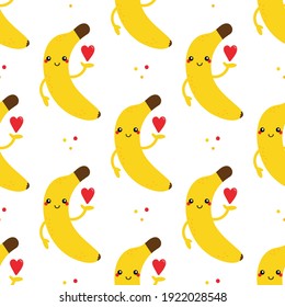 Cute cartoon style smiling banana character holding with red heart and dots vector seamless pattern background.
