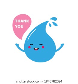 Cute cartoon style smiling blue water drop character saying thank you, showing appreciation.