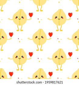 Cute cartoon style smiling chickpea, chick pea seed character holding red heart vector seamless pattern background.