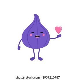 Cute cartoon style smiling fig fruit character holding in hand pink heart. Love and appreciation concept.