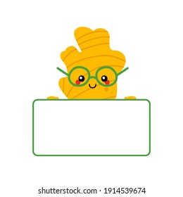 Cute cartoon style smiling ginger root character holding blank, empty card or banner in hands.
