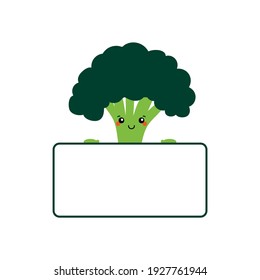 Cute cartoon style smiling green broccoli character holding blank, empty card or banner in hands.