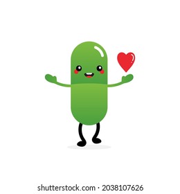 Cute cartoon style smiling green pill character holding in hand red heart. Love and care concept.