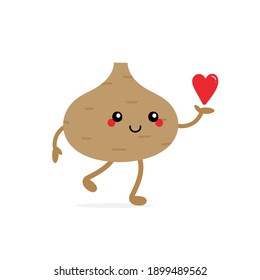 Cute cartoon style smiling jicama vegetable character holding in hand red heart. Love, appreciation and caring concept.
