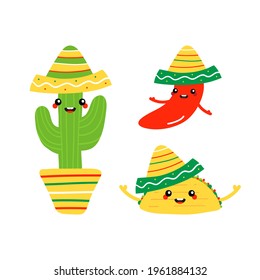 Cute cartoon style smiling mexican food and plant characters wearing sombrero hats. Red chili pepper, taco and cactus character for Cinco de Mayo celebration design.