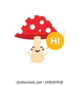 Cute cartoon style smiling mushroom character with dotted red cap and speech bubble saying hi, hello.