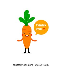 Cute cartoon style smiling orange carrot vegetable character with speech bubble saying thank you, showing appreciation.